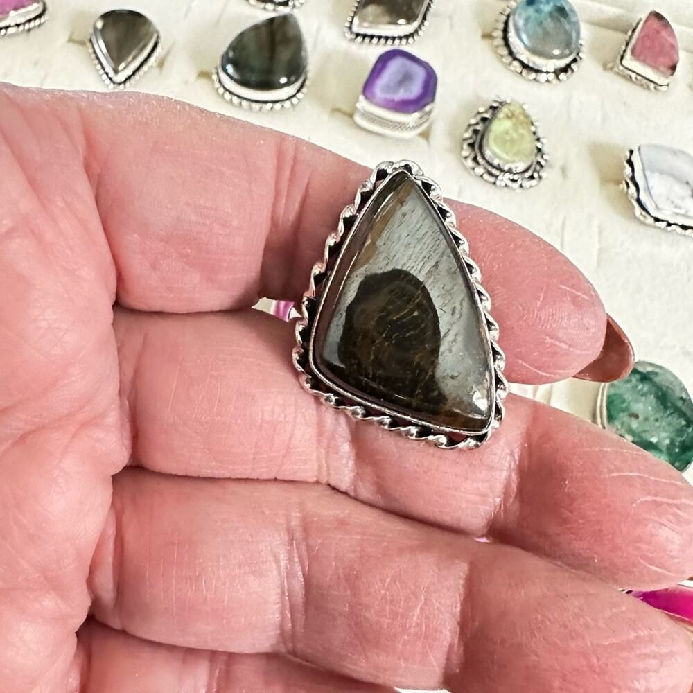 💕 Natural pyrite gemstone silver plated overlay ring adjustable stamped 925